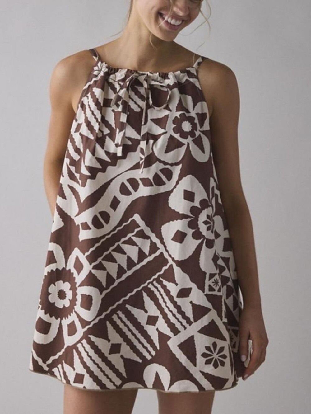 Urban Outfitters | BDG Eva Tie-Front Ruched Strap Trapeze Mini Dress Brown New